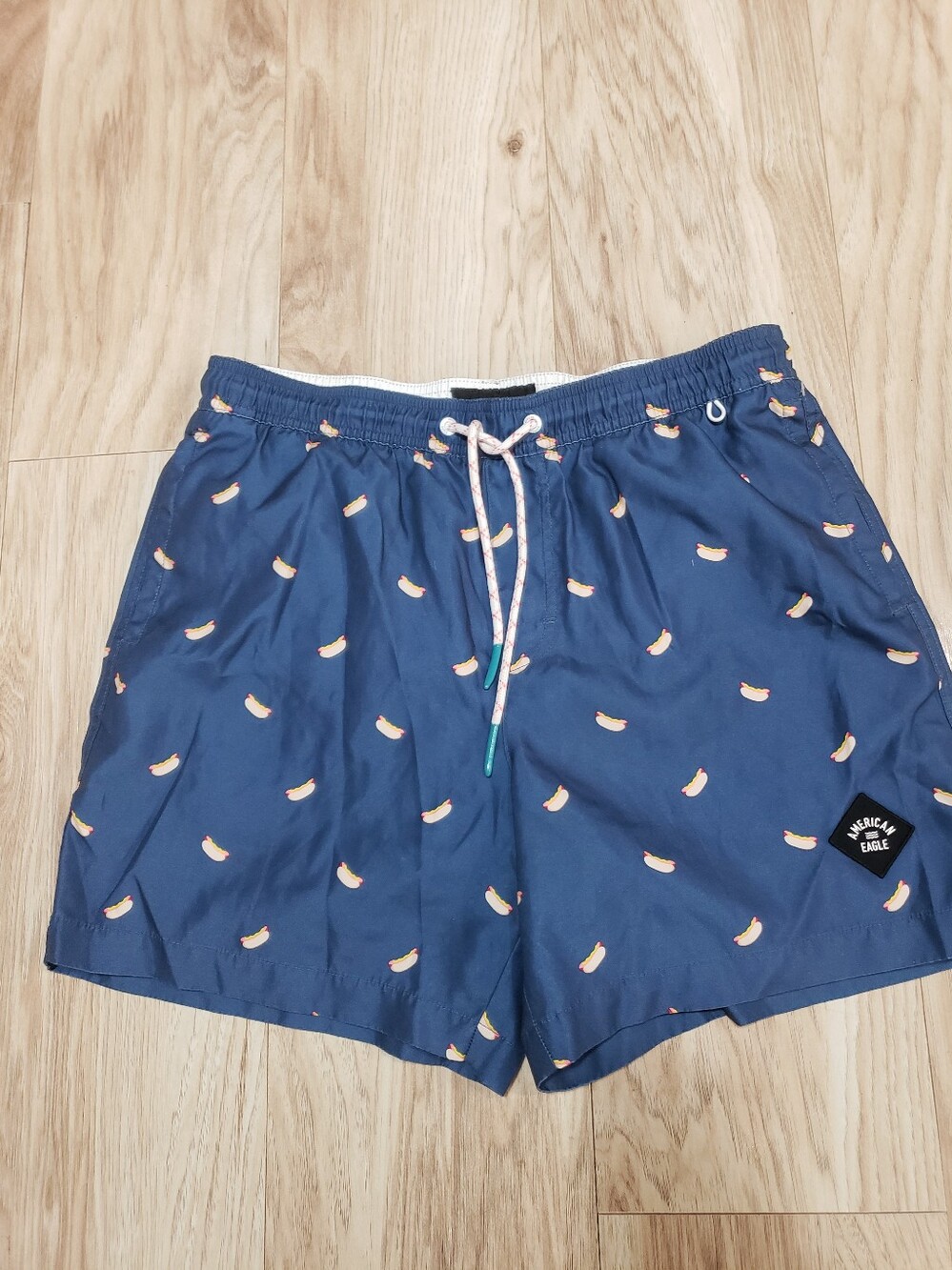 American Eagle Men Med Blue Swim Shorts Hot Dog Print Pink Pocket On Back